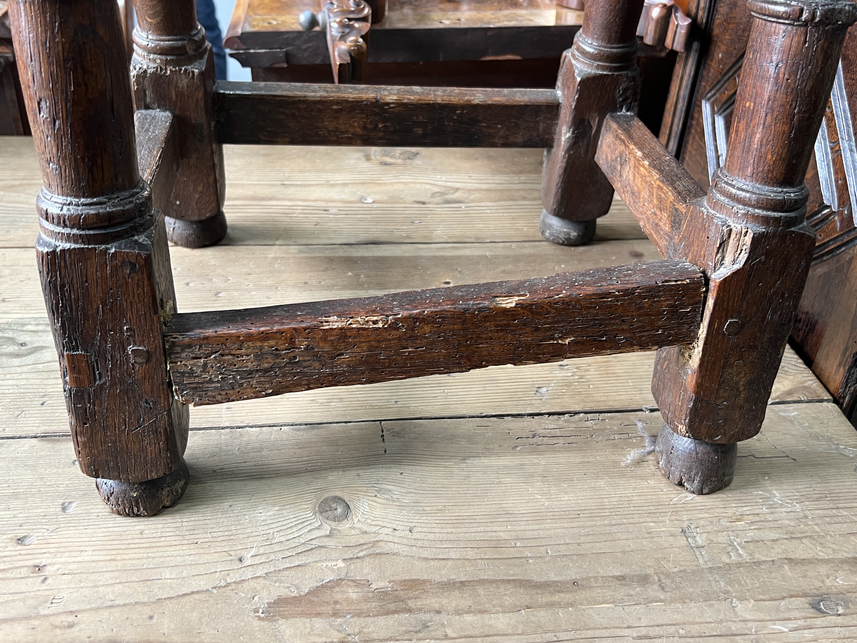 An early 18th century and later rectangular oak joynt stool (a.f.), width 44cm, depth 28cm, height 54cm